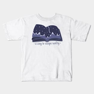 A way to escape reality blue book with stars and mountains panorama (a design for readers) Kids T-Shirt